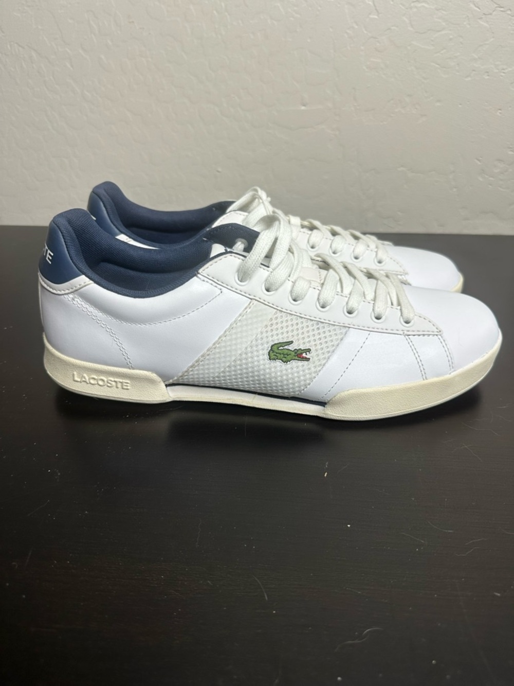 Lacoste White Sneakers with Navy Collar and Green Logo